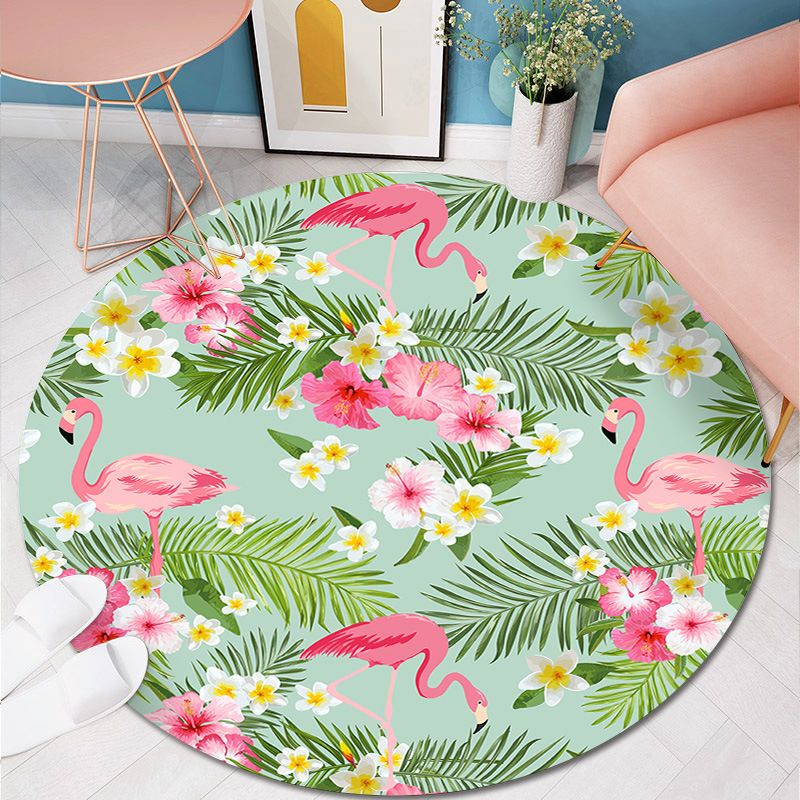 Modern Flamingo Printed Rug Round Polyester Area Carpet Non-Slip Backing Indoor Rug for Living Room