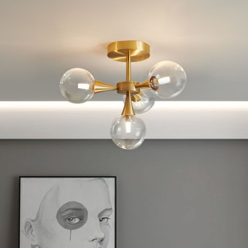 Brass Finish Radial Flush Chandelier Postmodern Ball Glass Semi Flush Mount Ceiling Light