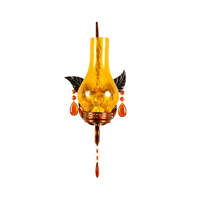 Traditional Vase Wall Mount Light Yellow Cracked Glass 1 Light Bathroom Wall Light Sconce with Orange Crystal Deco