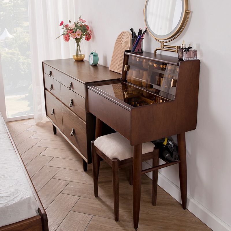 Modern Vanity Table and Stool Set Wooden and Glass With Drawer Vanity Desk