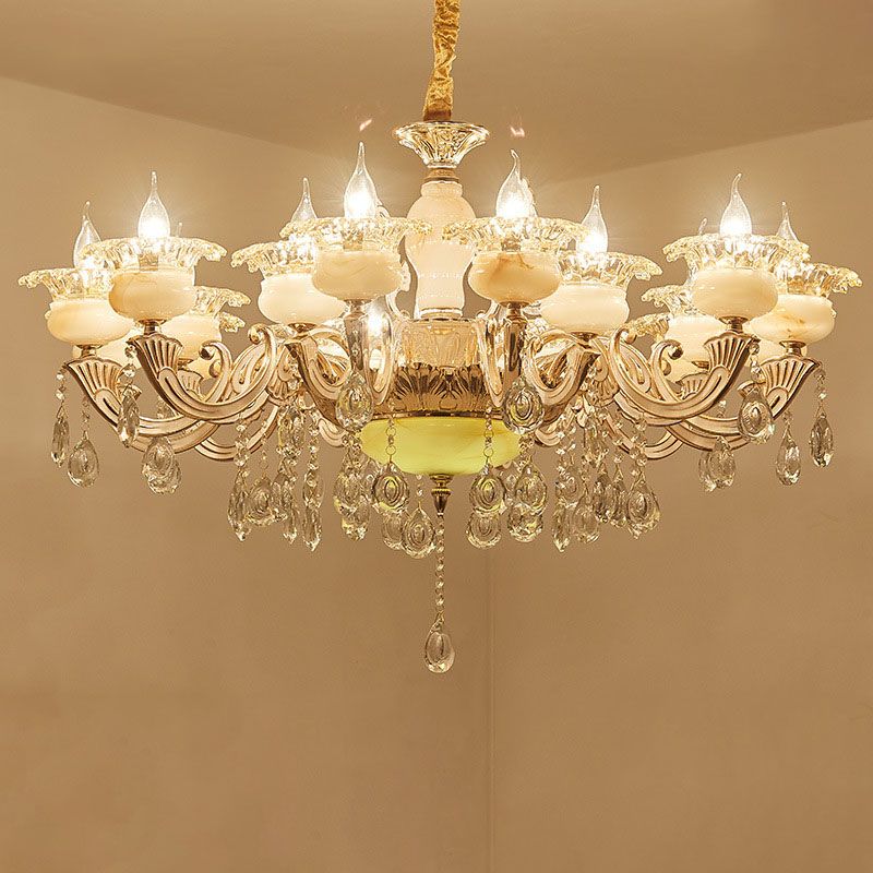Gold Petal Chandelier Lamp Contemporary Jade Suspension Light with Crystal Draping