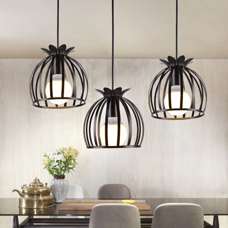 3 Heads Pendant Lighting with Dome Cage Shade Metallic Loft Style Dining Room Suspended Lamp in Black/White