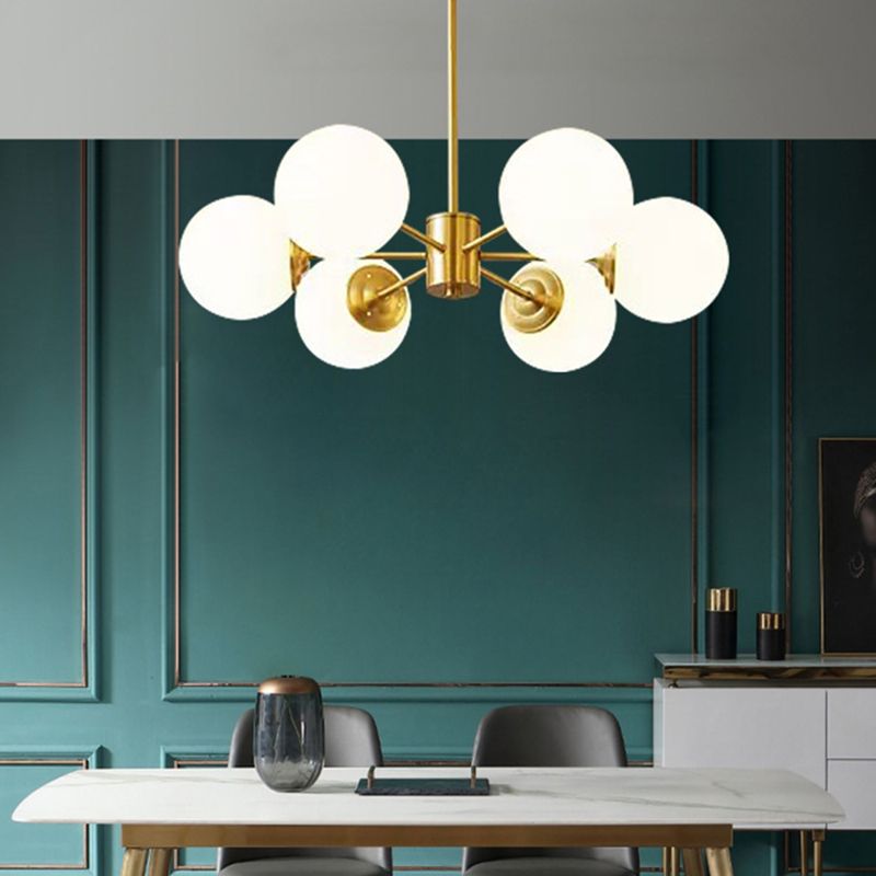 Post-Modern Metal Hanging Chandelier Light Opal Glass Shade Ceiling Chandelier in Gold for Bedroom