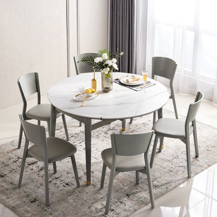 Contemporary White Round Stone Dining Table with Solid Wood Legs
