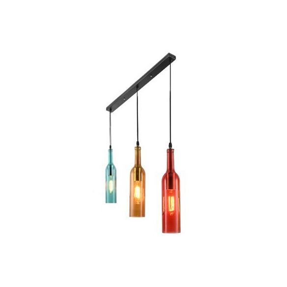 3 Lights Hanging Light with Wine Bottle Glass Shade Industrial Bar Pendant Lamp in Black, Round/Linear Canopy