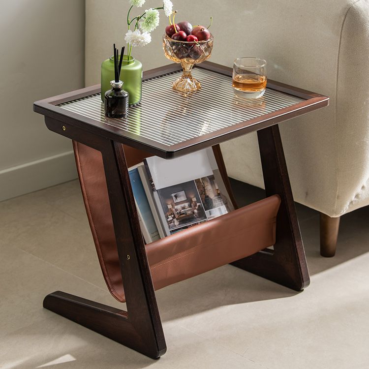Modern Rectangle Glass Top Side Table Wood Abstract base End Table with Magazine Holder