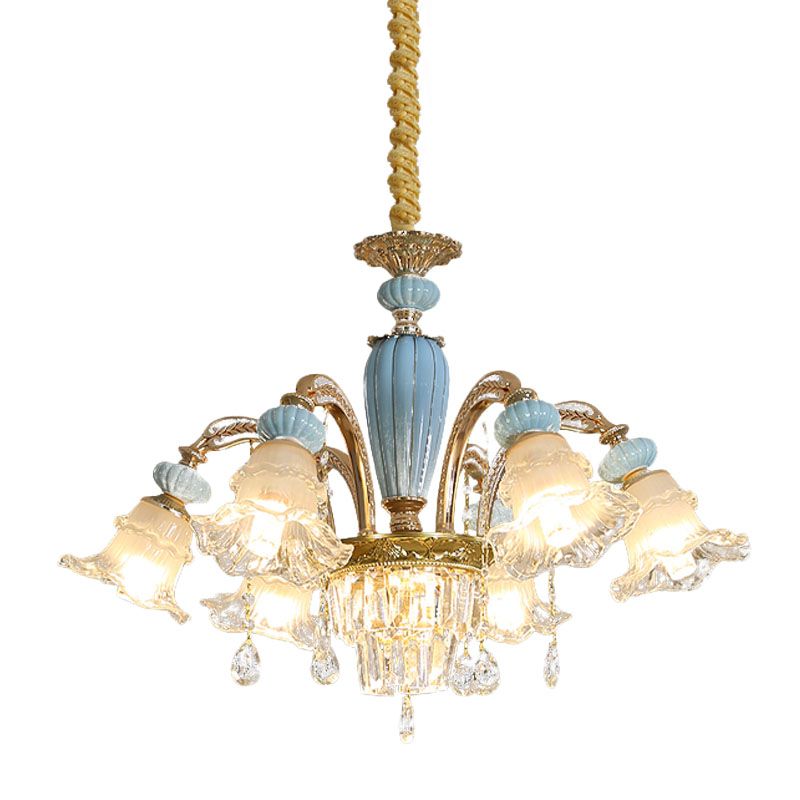 Drooping Flower Frosted Glass Drop Lamp Rustic 6 Heads Bedroom Ceiling Chandelier in Blue