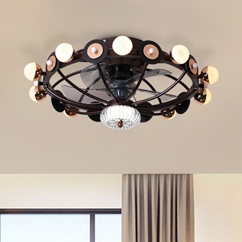 Oval Cage Metallic Pendant Fan Lamp Modernist 25.5" W 11 Heads White/Grey/Coffee Semi Flushmount, 4 Blades