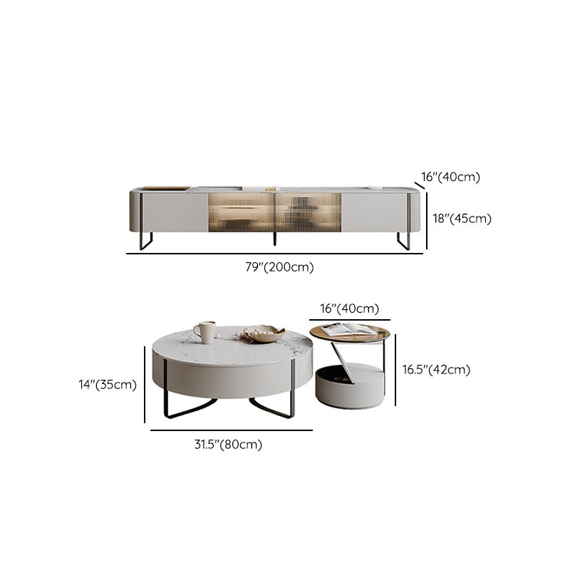 Slate Top Sled Coffee Table with Storage Contemporary White Round