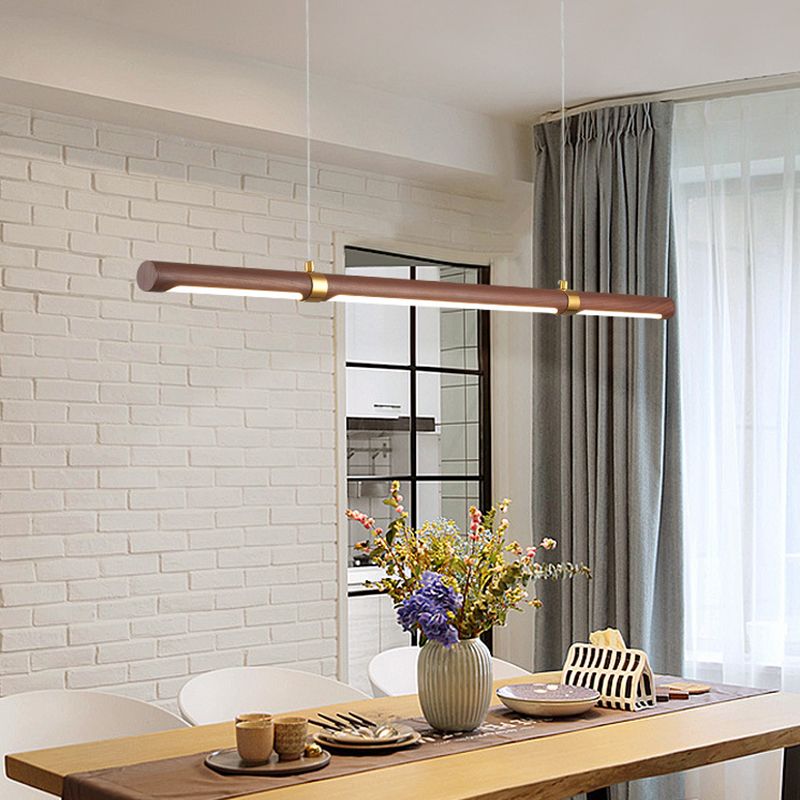 Nordique Linear Wood Island Pendant LED Strip Island Light en marron pour table à manger