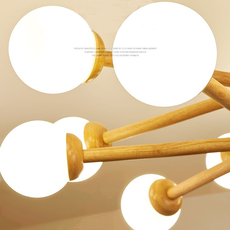 Multi Light Wood Chandelier Modern Globe Chandelier Lamp with White Glass for Living Room