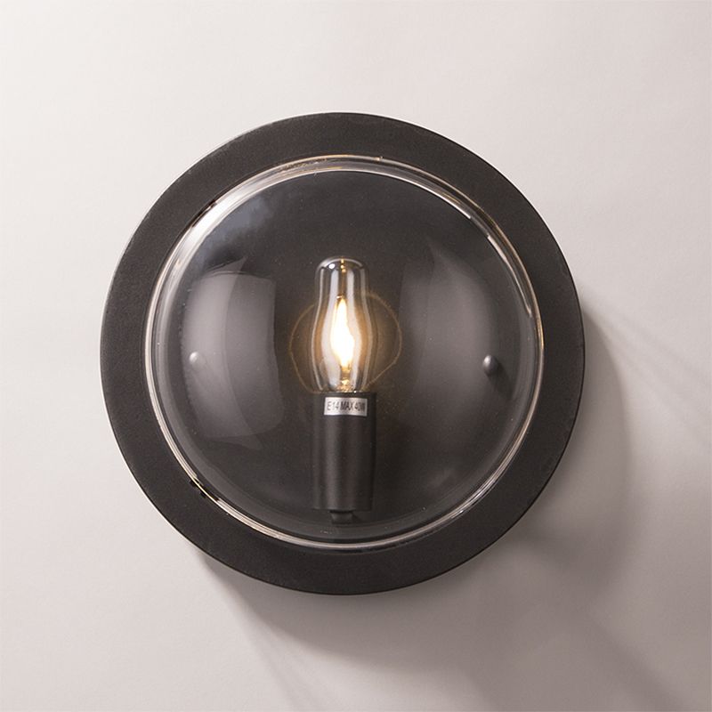 Metal Drum Flush Mount Lighting Retro 1 Light Living Room Wall Sconce Lamp in Black with Clear Glass Shade