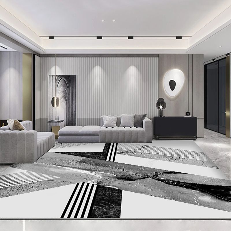 Grey Modern Area Carpet Geometric Pattern Polyester Area Rug Non-Slip Rug for Home Decor