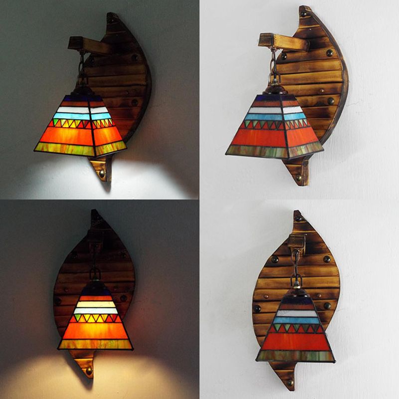 Cone Shape Wall Light Retro Style Colorful Stained Glass 1 Light Wall Sconce Lamp Fixture in White/Light Blue/Light Blue-White/Orange-Red/Yellow/White for Balcony