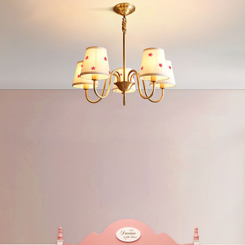Traditional Style Chandelier Light Fabric Shade Brass Lighting Fixture for Living Room