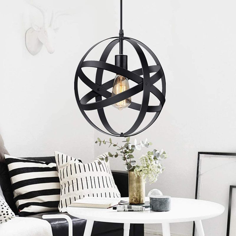 Retro Industrial Single Globe Cage Pendant Light Iron 1 Light Suspension Light for Dining Table