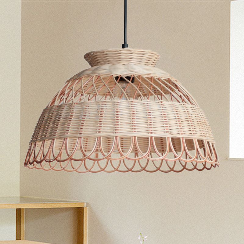 Hollowed Scalloped Bowl Pendant Lighting Asian Bamboo Single-Bulb Khaki Ceiling Lamp