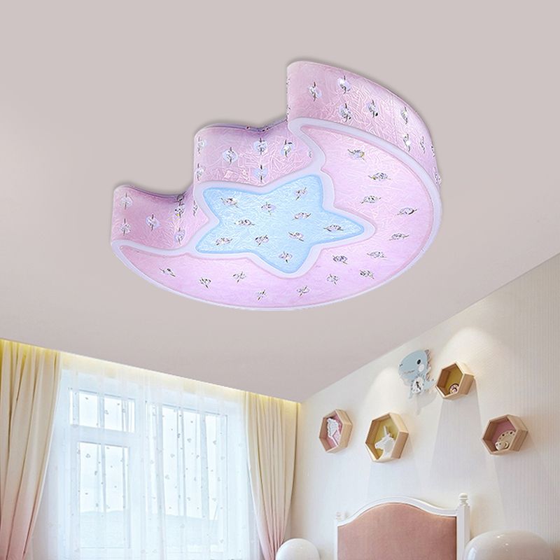 Moon and Star Flush Mount Pendant Fixture Modernist Acrylic Blue/Pink LED Ceiling Lighting with Crystal Deco for Bedroom