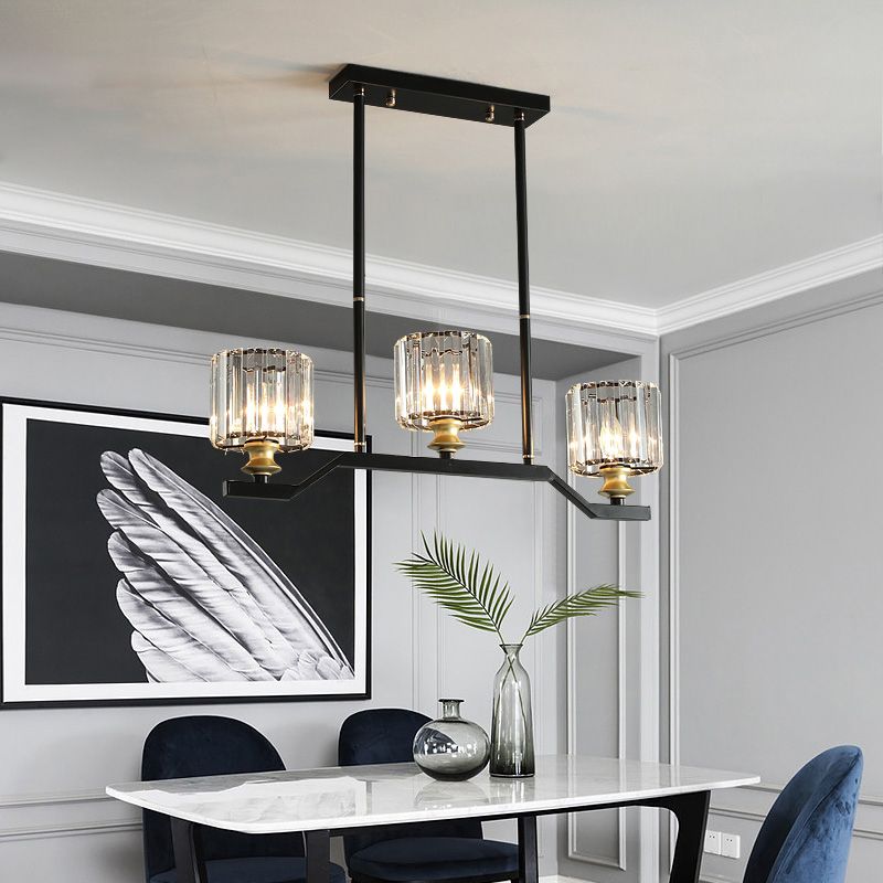 Clear Crystal Cylinder Island Pendant Light Modern 3/4 Lights Island Lighting in Black for Indoor