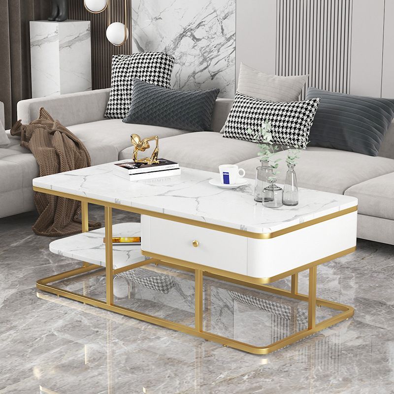 Glam Rectangle Cocktail Table with Marble Top and 1 Drawer and 1 Shelf