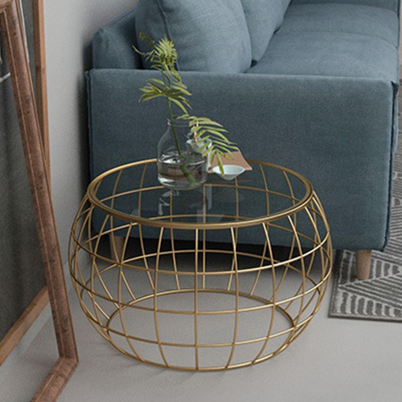 Contemporary Round Glass Top Cocktail Table with Frame Base in Iron