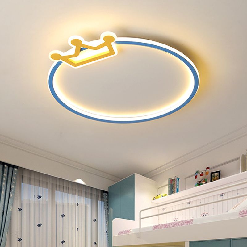 Blue Ring Flush Mount Plafond Lamp Modernist Acryl LED Flushmount Verlichting met Diamond/Crown Design voor slaapkamer