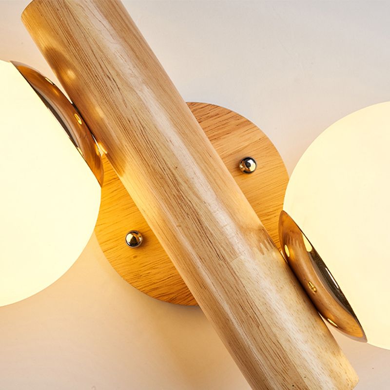 Modern Style Ball Shade Wall Light Wood 2 Lights Sconces for Bedroom