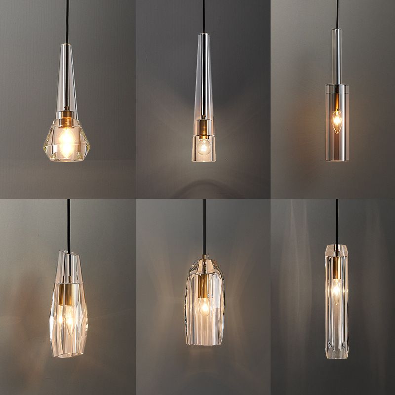 Shaded Pendant Light Fixture Simplicity Crystal Block 1-Light Brass Ceiling Light