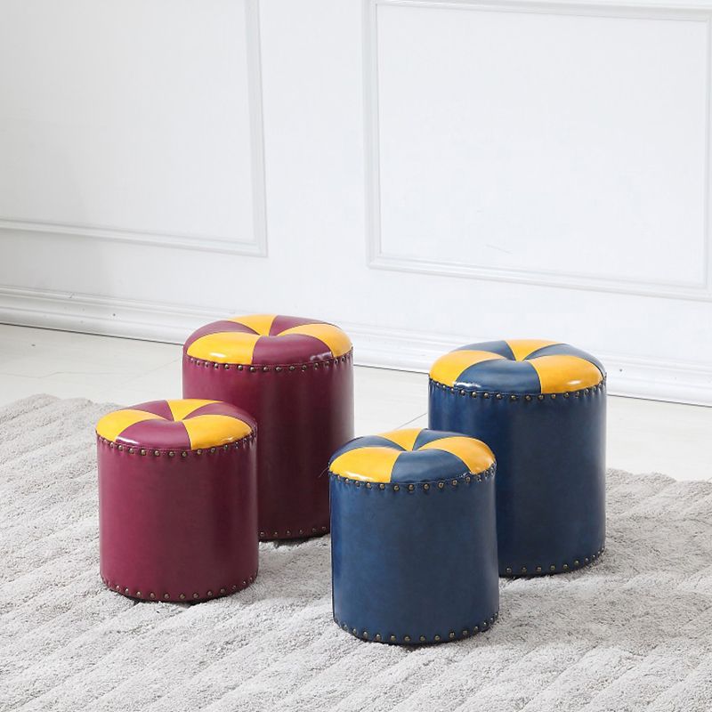 Modern Round Ottoman Color Block Leather Round Ottoman With Nailhead Trim