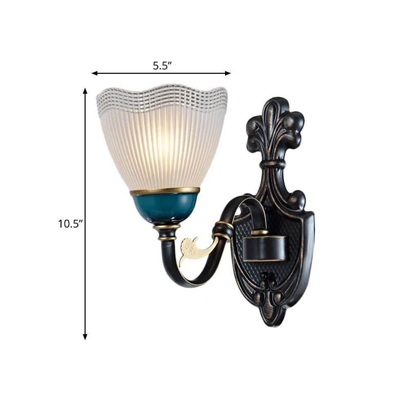Country Twisted Arm Wall Light Fixture 1/2-Head Metal Sconce Lamp in Black and Blue with Dome Frosted Ribbed Glass Shade