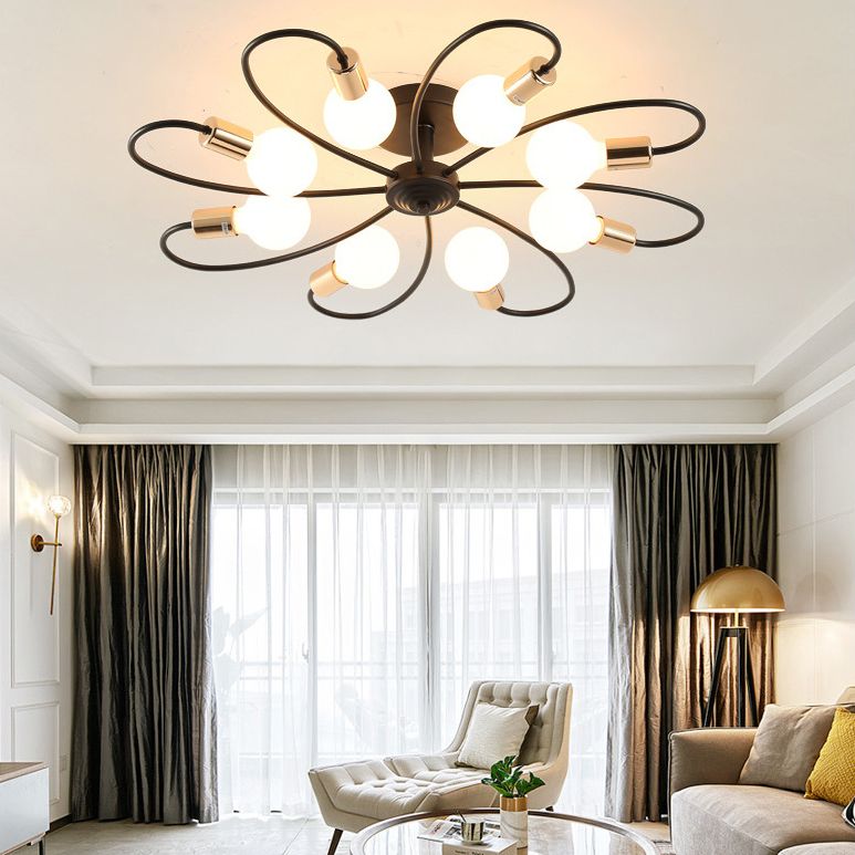 Metal Semi Flush Mount Light Vintage Black Exposed Bulb Living Room Semi Flush Light Fixture