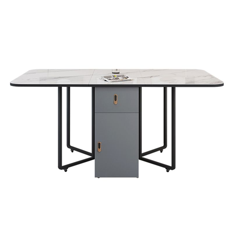 Modern Style Rectangle Dining Table Sintered Stone Drop-Leaf Dining Table with Black Frame