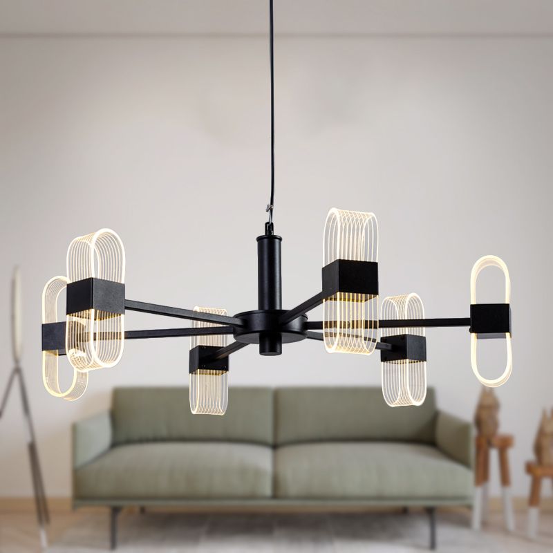 Modern Oval Chandelier Light Acrylic 6/8/12 Heads Living Room Hanging Lamp with Black Rod in Warm/White Light
