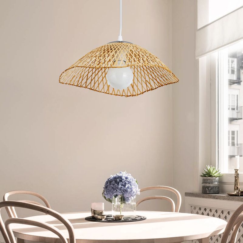 Hand-Knitted Bamboo Pendant Light with Dome Shade Asian Style 1 Head Beige Hanging Lamp for Living Room, 14"/18" W