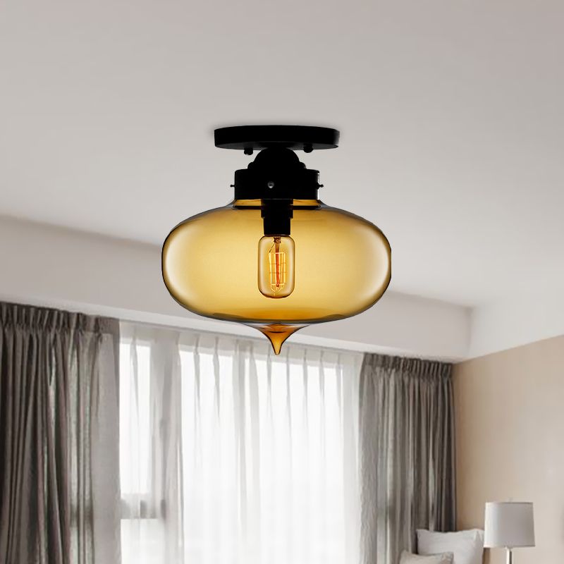 Black One Light Ceiling Mount Industrial Red / Brown / Amber Glass Oval Shade Semi Flush Light for Dining Room