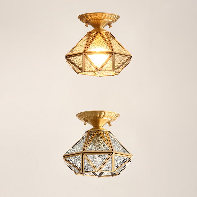 Vintage Prismatic Ceiling Flush Mount Glass Semi Flush Mount Light in Brass