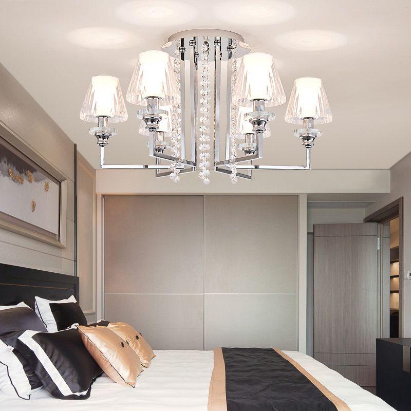 Living Room Cone Ceiling Lamp Metal and Clear Crystal Modern Chrome Finish 6/8/10 Heads Semi Mount Light