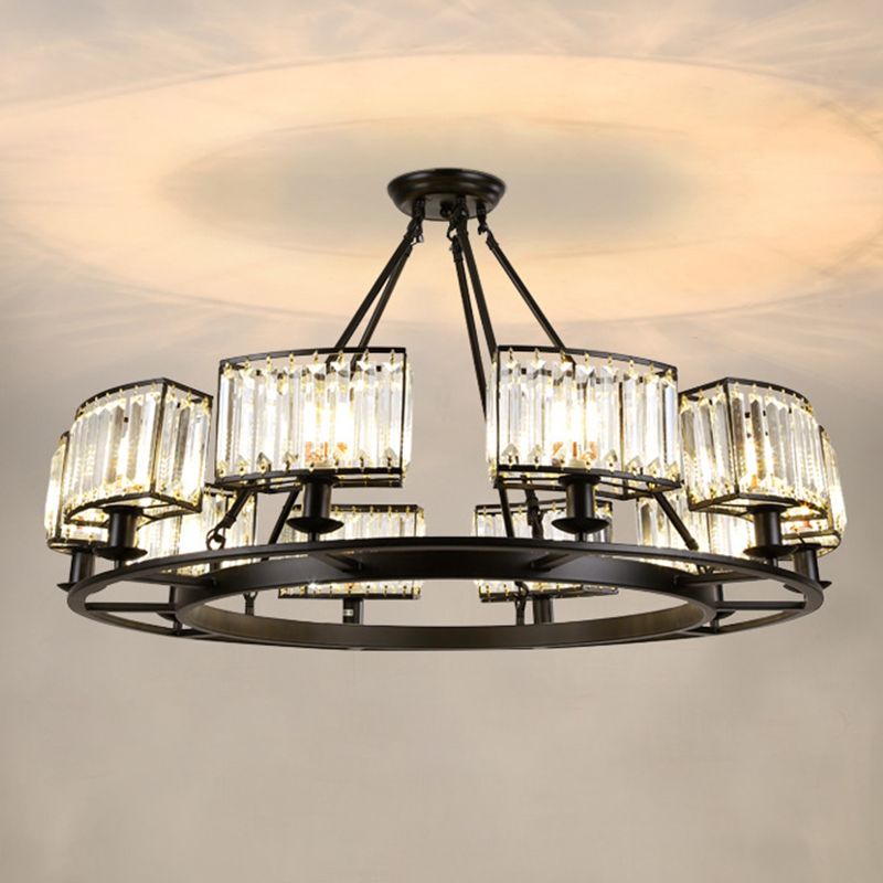 Artistic Ring Shaped Suspension Light Clear Crystal Living Room Chandelier Light in Black