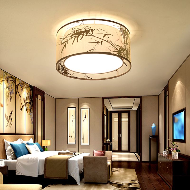 Lampe encastrée en tissu, plafonnier en forme de tambour de Style chinois pour salle à manger