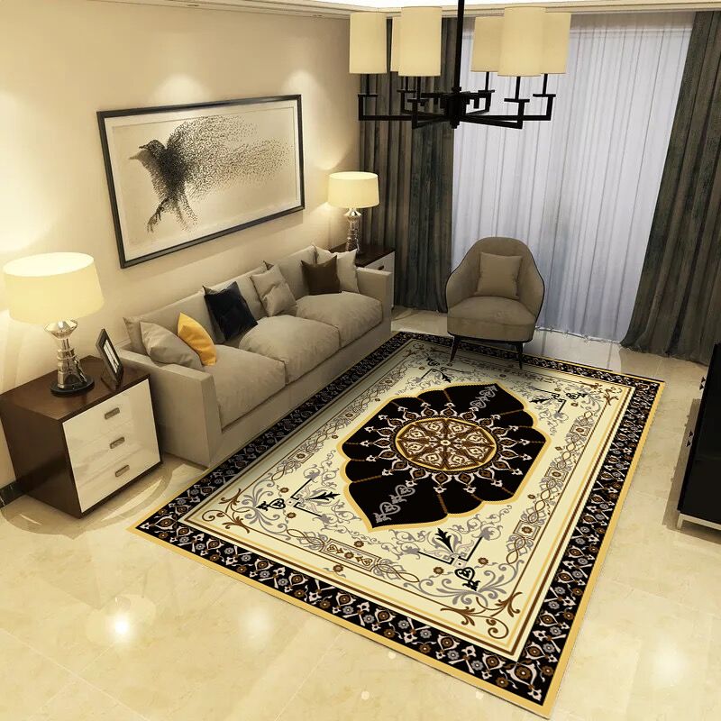 Brown Living Room Area Carpet Traditonal Pattern Polyester Area Rug Non-Slip Backing Rug