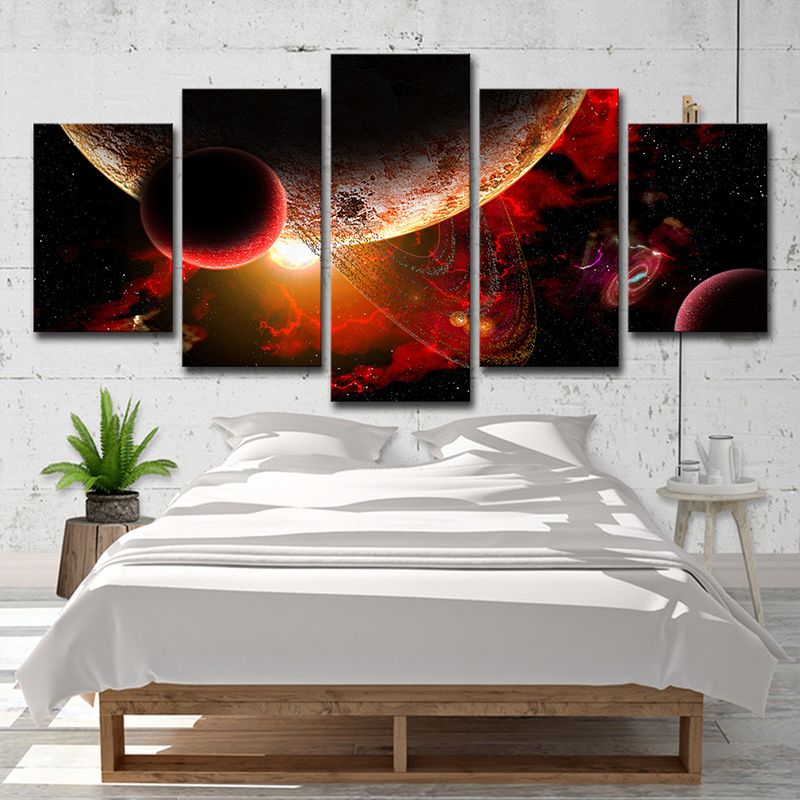 Space Planets Canvas Print in Red Science Fiction Wall Art Decor for Child Bedroom