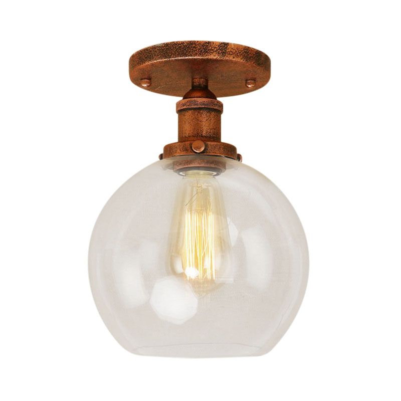 Plafonnier sphérique semi-affleurant industriel en verre transparent, une lumière, noir/laiton/cuivre, pour balcon