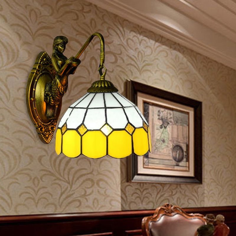 Grid Patterned Sconce Light Baroque Yellow and White Glass 1 Head Brass Wall Mount Light