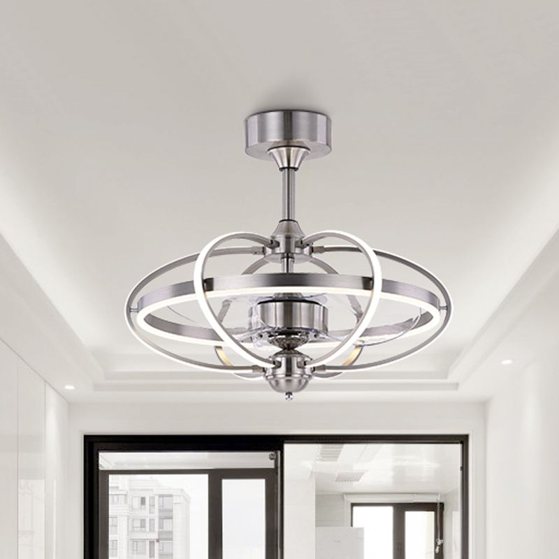 Silber/Weiß/Gold Oval Cage Semi Flush Mount Simplicity LED Silicon Hanging Lüfter Licht mit 3 braunen Klingen, 19,5 "H