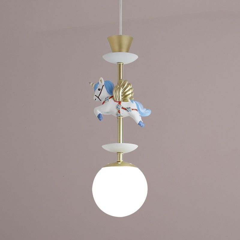 Contemporary 1 Bulb Pedant Lighting Fixture with Opal Glass Shade Pink/Blue Unicorn Hanging Lamp