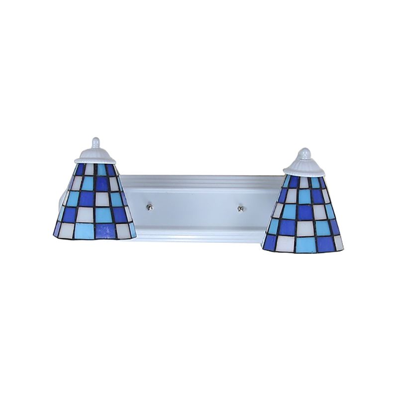 Conical Blue Glass Wall Mounted Light Baroque 2 Heads Sconce Light with Grid Pattern