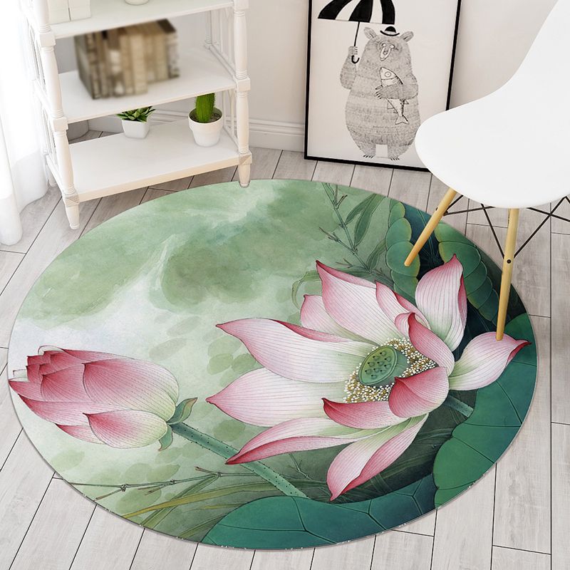 Round Solid Color Simplicity Indoor Rug Polyester Plant Print Rug Easy Care Indoor Rug for LBedroom