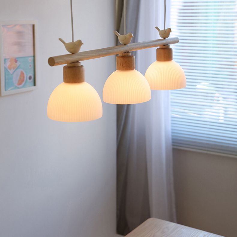 Wooden Island Light Modern Island Hanging Light with Bird Decoration for Dining Room