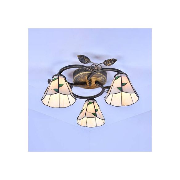 Geometric Ceiling Light Fixture with Pattern Tiffany Stained Glass 3 Lights Flushmount Ceiling Light in Bronze