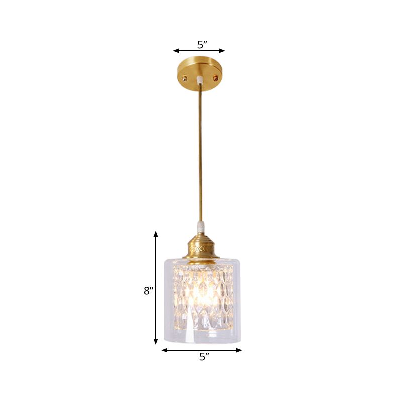 Modern 1 Light Pendant Light with Double Clear Glass Shade Brass Cylinder Hanging Ceiling Light